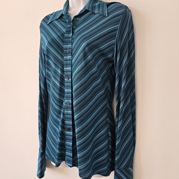 VIRUS Blue Green Teal Stripe Button Front Blouse Top Medium M - Picture 3 of 10